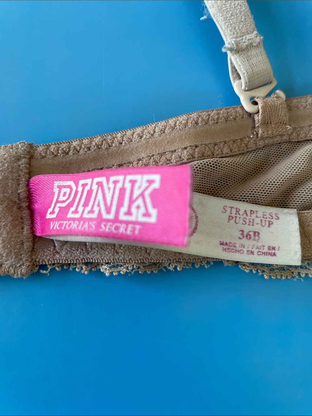 PINK Victoria's Secret Tan Strapless Push-Up Bra with Pink Label